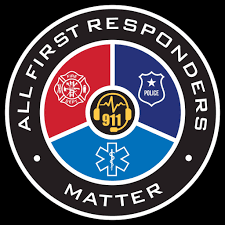 First Responders Matter Circular badge that has the words "All First Responders Matter" around the emblems for Fire, EMS, Police, and 9-1-1 emblems